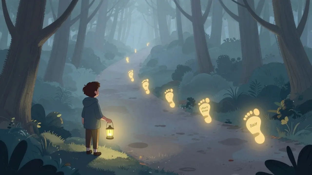 Člověk stojí na kraji mlhavého lesa s laternou 'Nevím'.