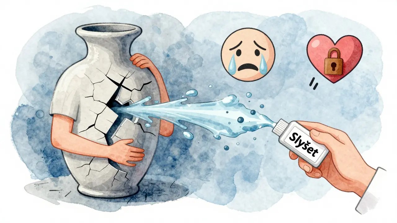 Člověkovo tělo jako rozštěpená vaza, z ní vytékají fyzické a emocionální příznaky, terapeut ji pomalu opravuje.