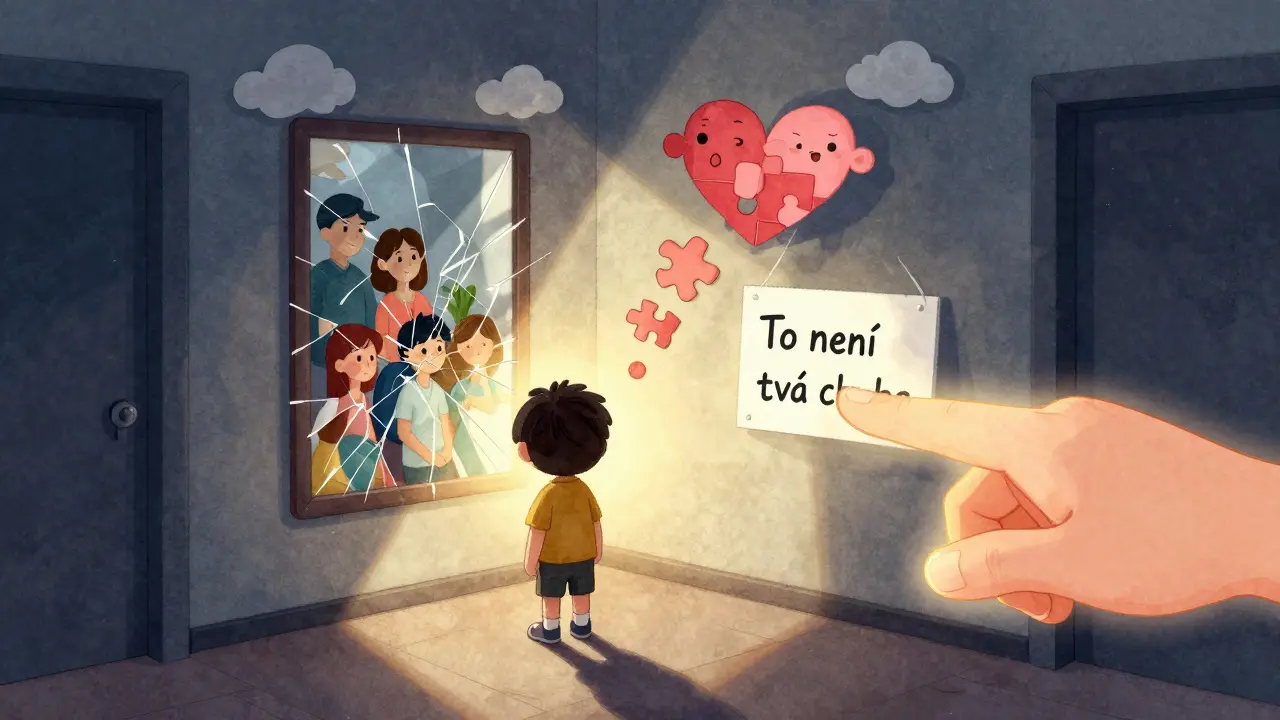 Dítě vidí v zrcadle chaos rodiny, ale dostává klíčovou zprávu, že to není jeho chyba.