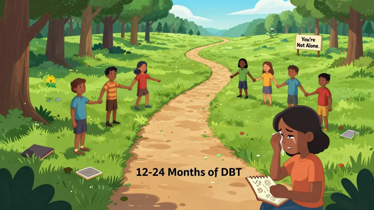 Dlouhá cesta od temného lesa sebepoškozování k osvětlené louce, kde lidé navazují vztahy, symbolizující cestu DBT terapie.