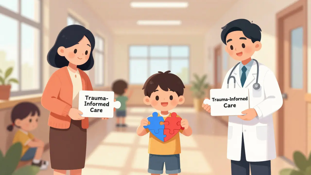 Dospělí přinášejí kousky skládačky, aby pomohli dítěti sestavit srdce — symbol obnovy.