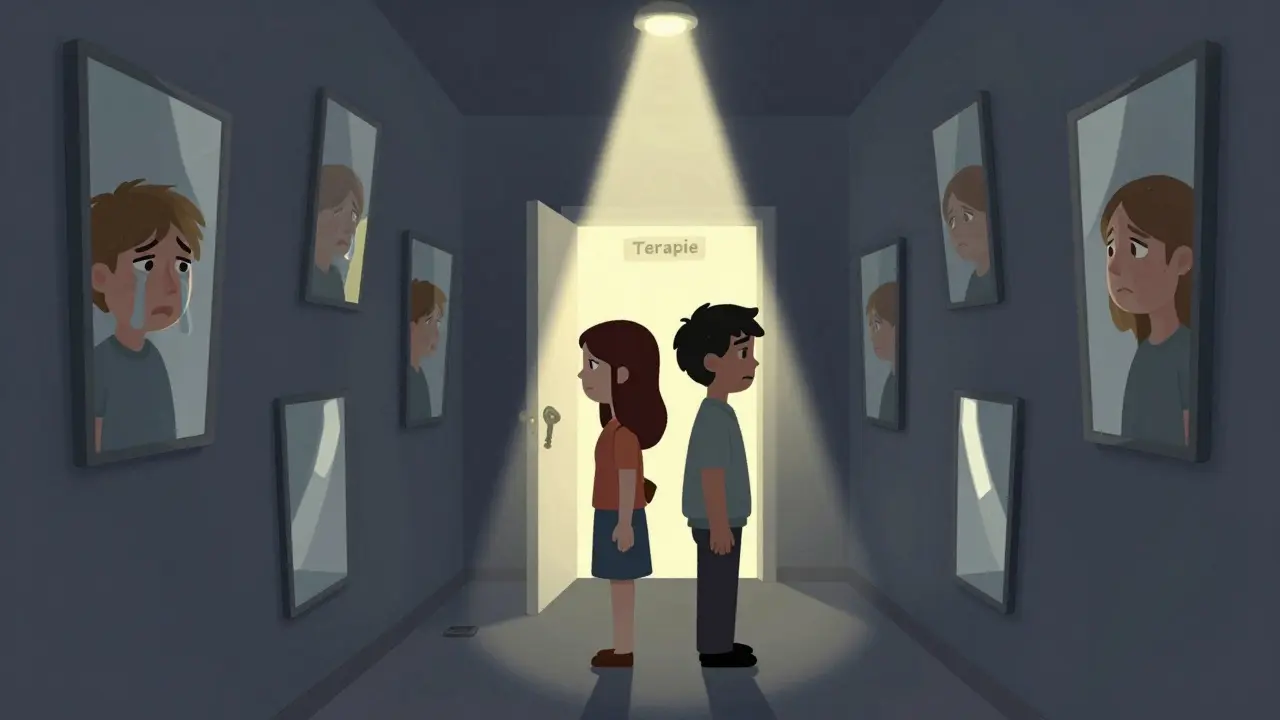 Dva lidé stojí zády k sobě, kolem nich se objevují odrazy jejich minulosti, světlo osvětluje dveře s nápisem 'Terapie'.