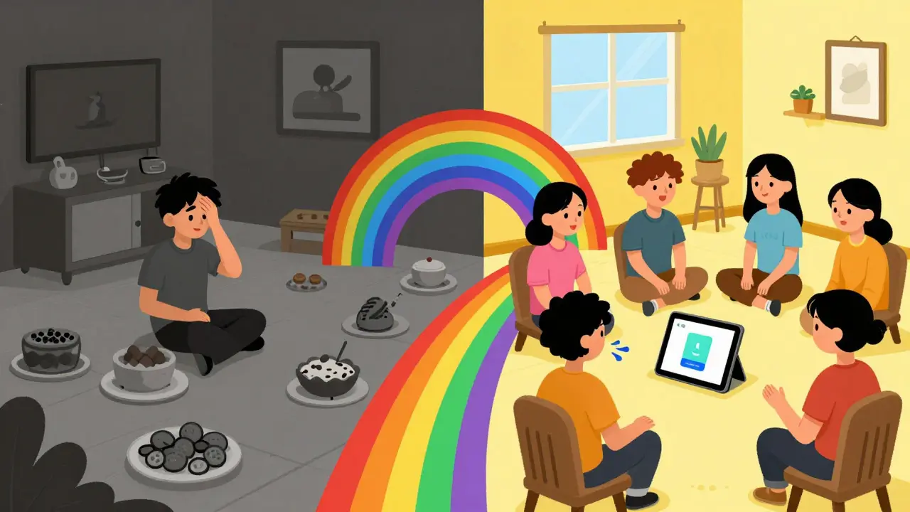 Dvě cesty: jedna v temnotě s jídlem, druhá ve světle s podporou a digitální terapií, symbolizující překonání poruchy přijímání potravy.