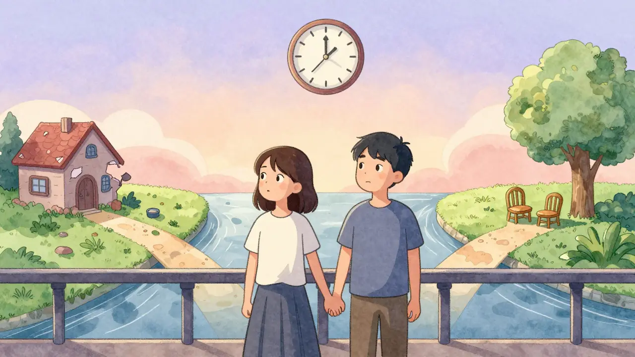 Dvojice drží ruce na mostě, za nimi hodiny bez ručiček, před nimi dvě cesty — jedna k zřícenině, druhá k zahradě.