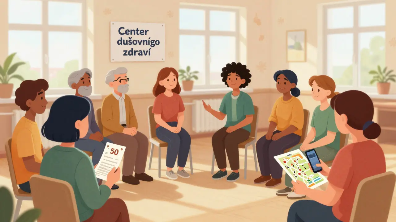 Komunitní centrum duševního zdraví s terapeutem a návštěvníky v přátelském prostředí.