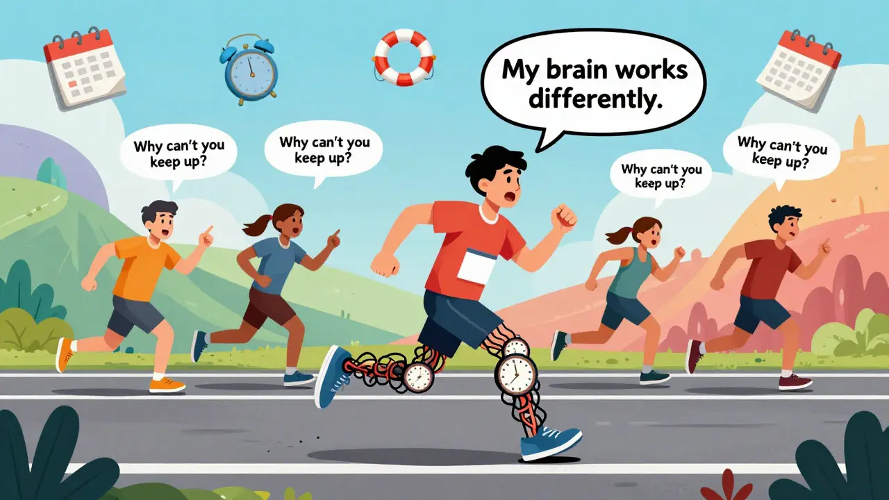 Muž běží dlouhou trať, zatímco ostatní běží krátké, jeho tělo symbolizuje poruchu exekutivních funkcí.