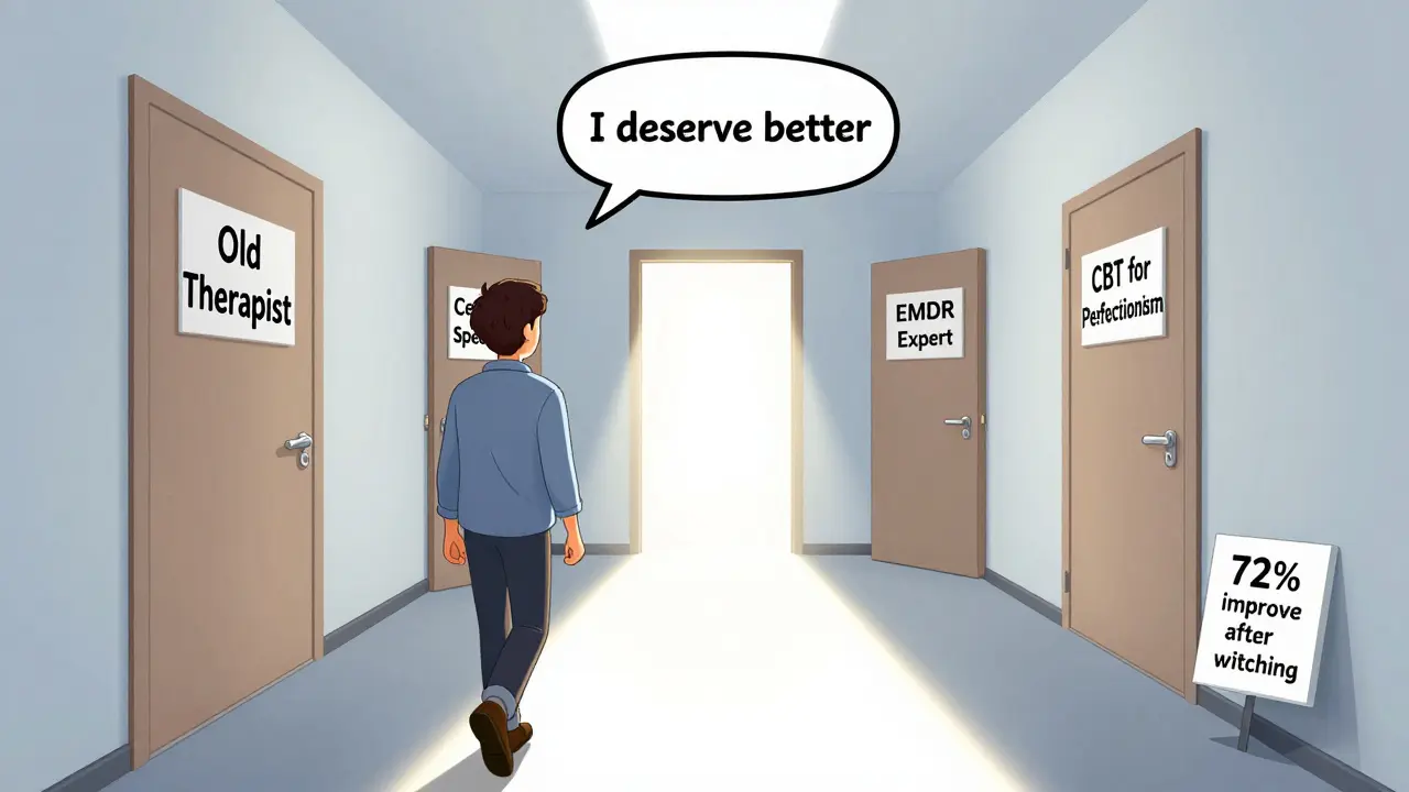 Osoba opouští starého terapeuta a směřuje k novým, specializovaným možnostem.