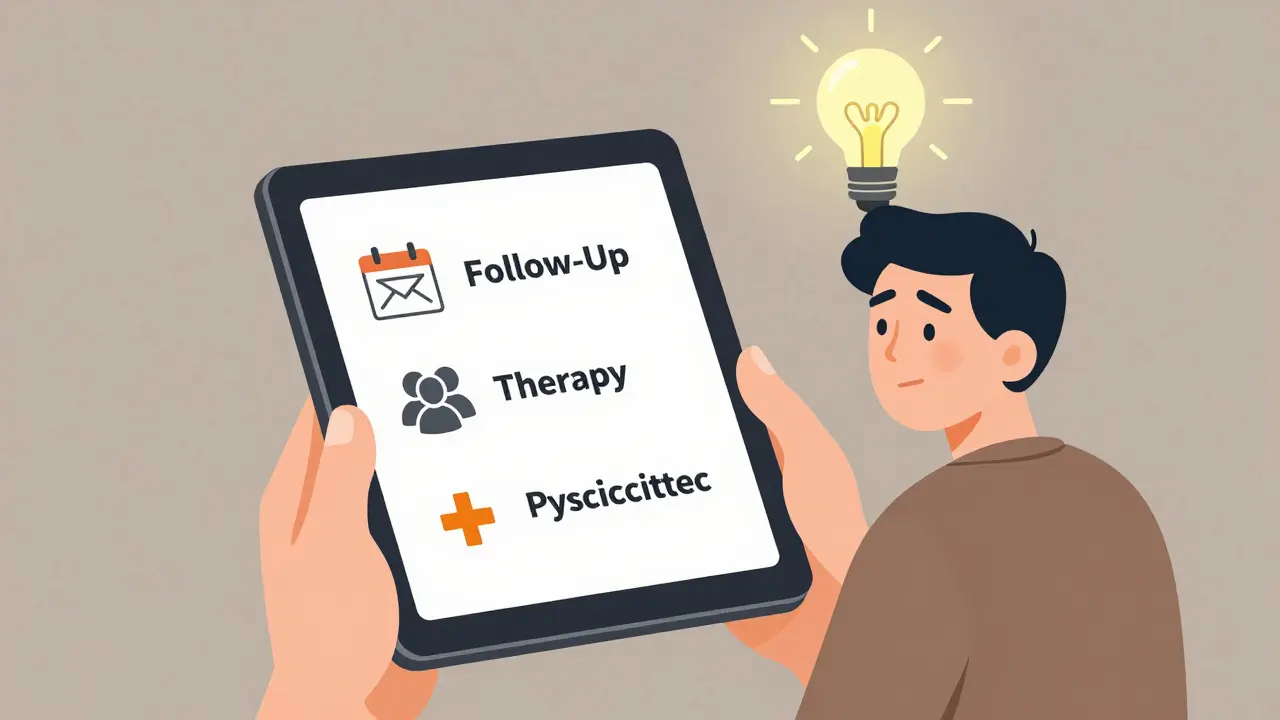 Osoba přemýšlí o třech možnostech pokračování v terapii po první konzultaci.