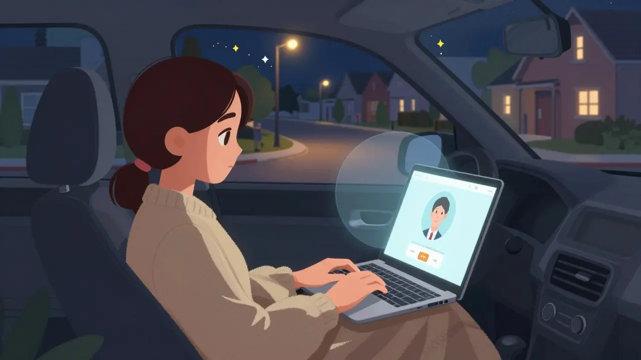 Osoba v autě během online terapie, klidná a bezpečná ve večerním prostředí.
