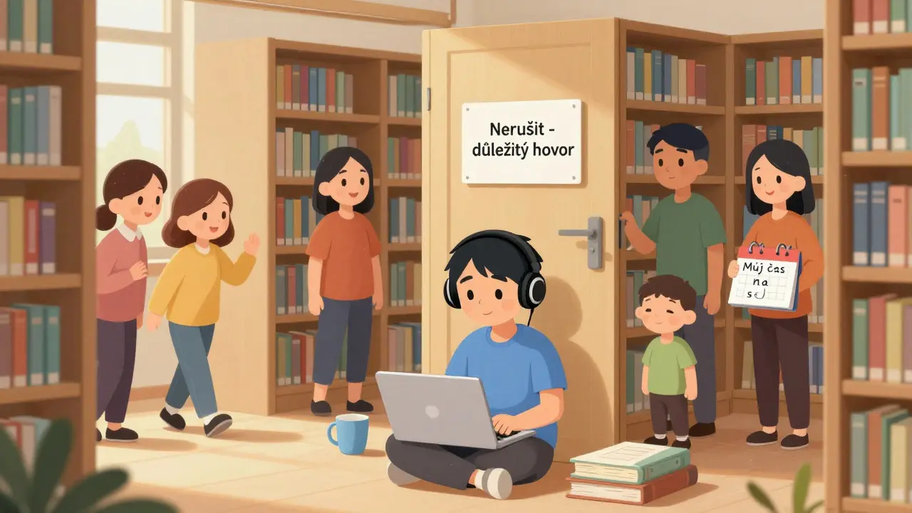 Osoba v knihovně na terapii, rodina tiše prochází kolem dveří s respektem.
