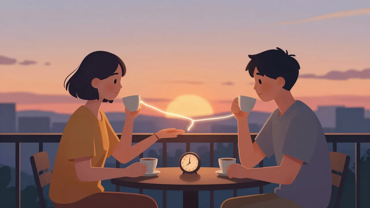 Pár si pije kávu na balkoně bez dítěte, jejich ruce se blíží, západ slunce.