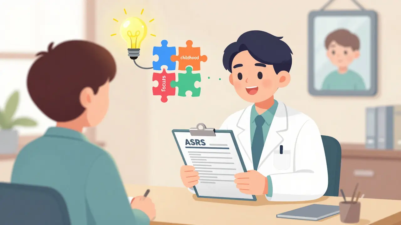 Psychiatra ukazuje dospělému pacientovi dotazník, zatímco nad jeho hlavou zhasíná světélko a skládají se kousky mozaiky.