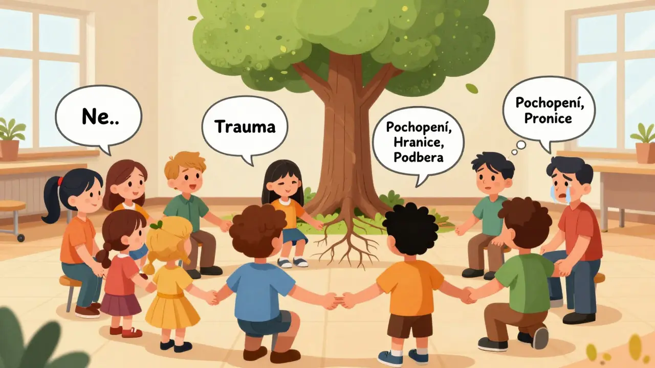 Rodiny v psychoedukačním programu spolu drží ruce, zatímco jejich myšlenky ukazují nové způsoby komunikace.