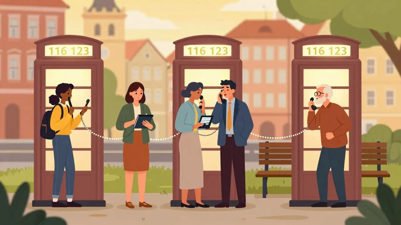 Různí lidé používají anonymní linky 116 123 v různých místech města.