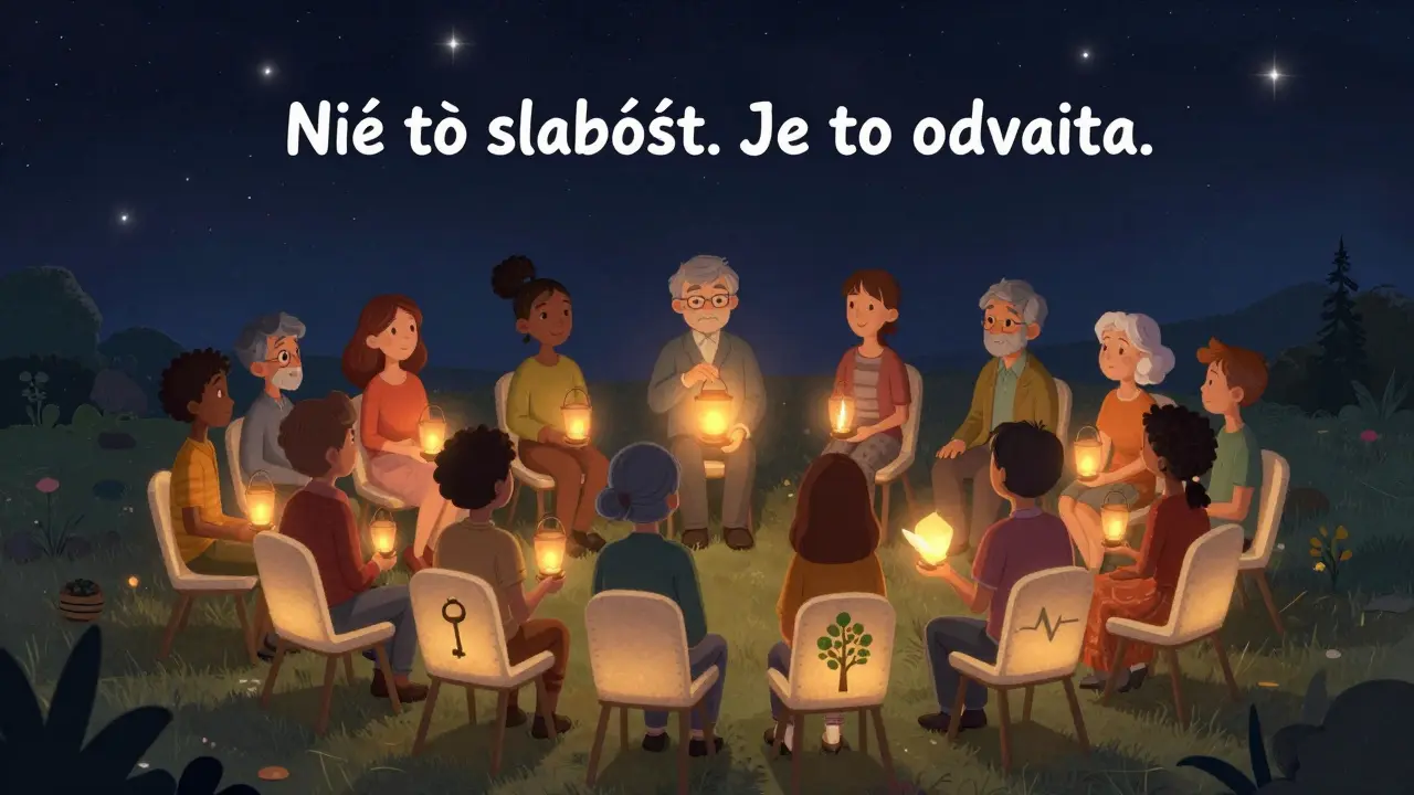 Různí lidé v kruhu zapalují své laterny pod hvězdným nebem, symbolické světlo spojuje jejich srdce.