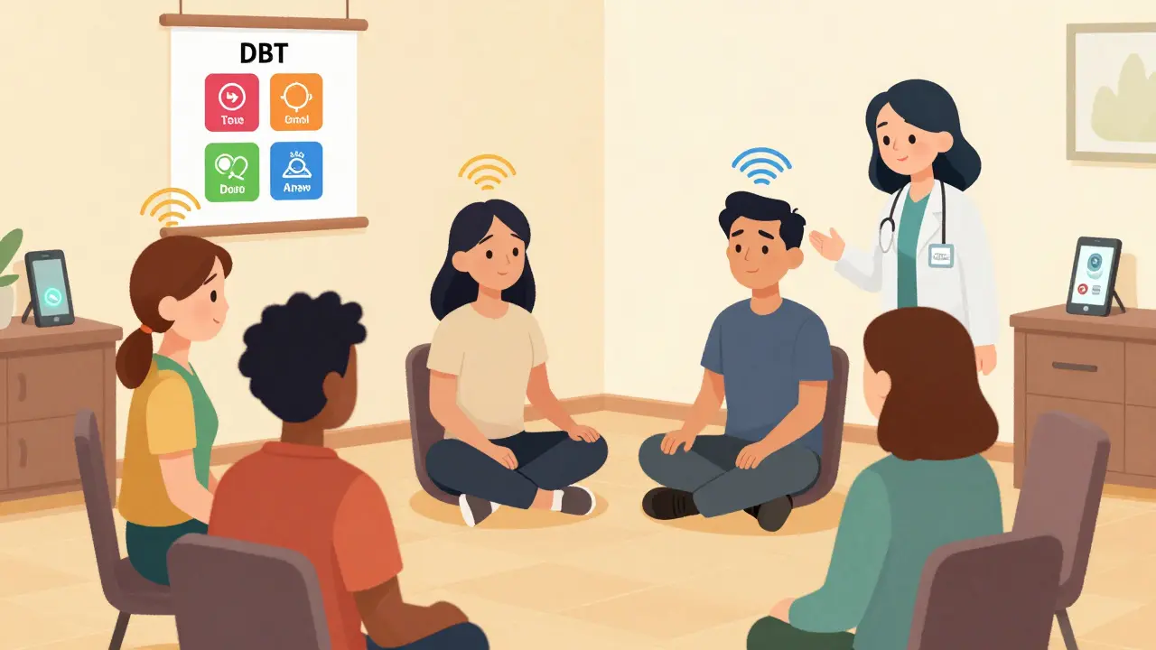 Skupina lidí cvičí mindfulness v terapeutické místnosti, terapeut s certifikací DBT vede sezení, na pozadí je telefon pro krizovou podporu.