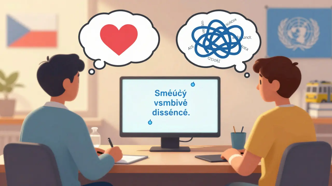 Terapeut a klient na videokonferenci, myšlenky převážející z češtiny do angličtiny, s kulturními symboly na pozadí.