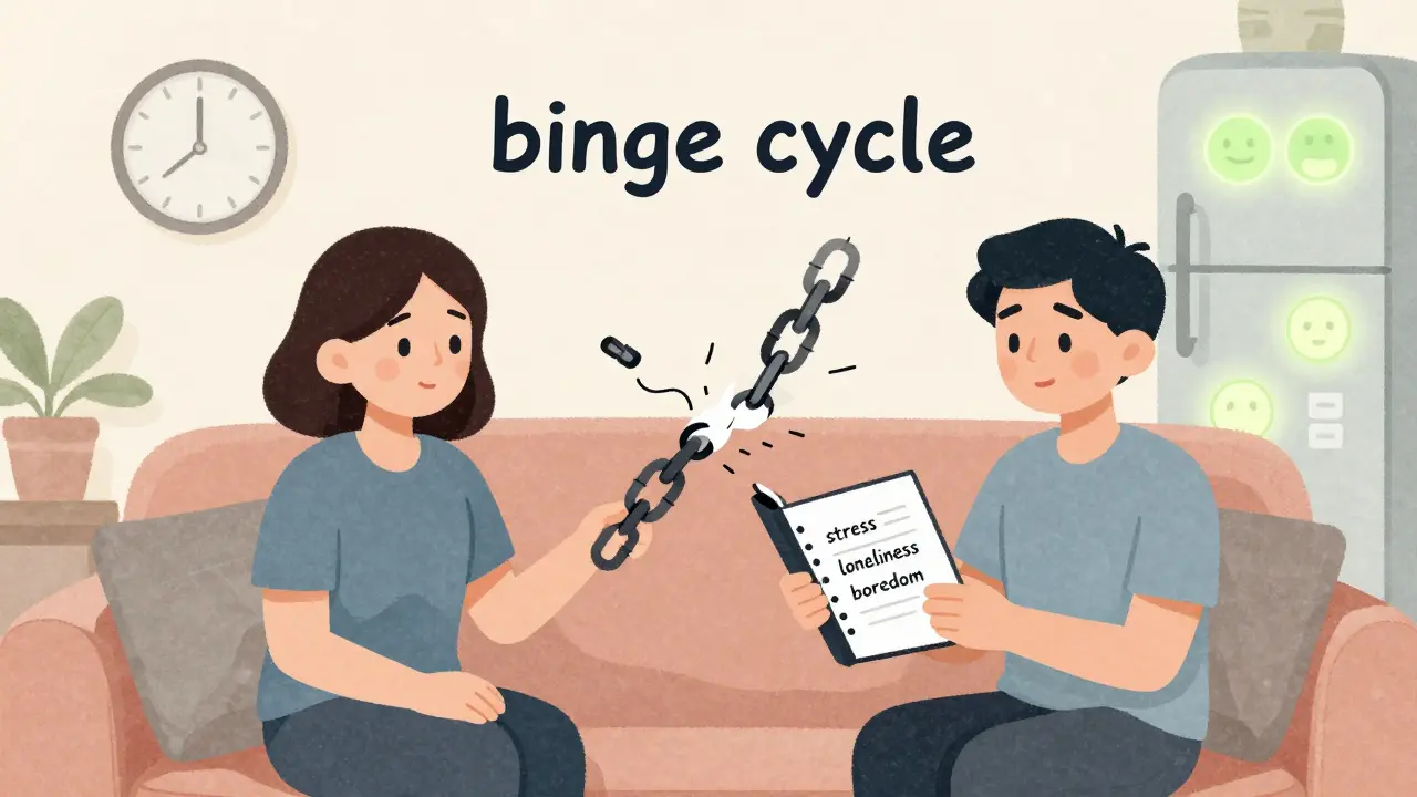 Terapeut a pacient společně analyzují záznamy emocí, které vedou k přejídání, zatímco se cyklus přejídání rozpadá.