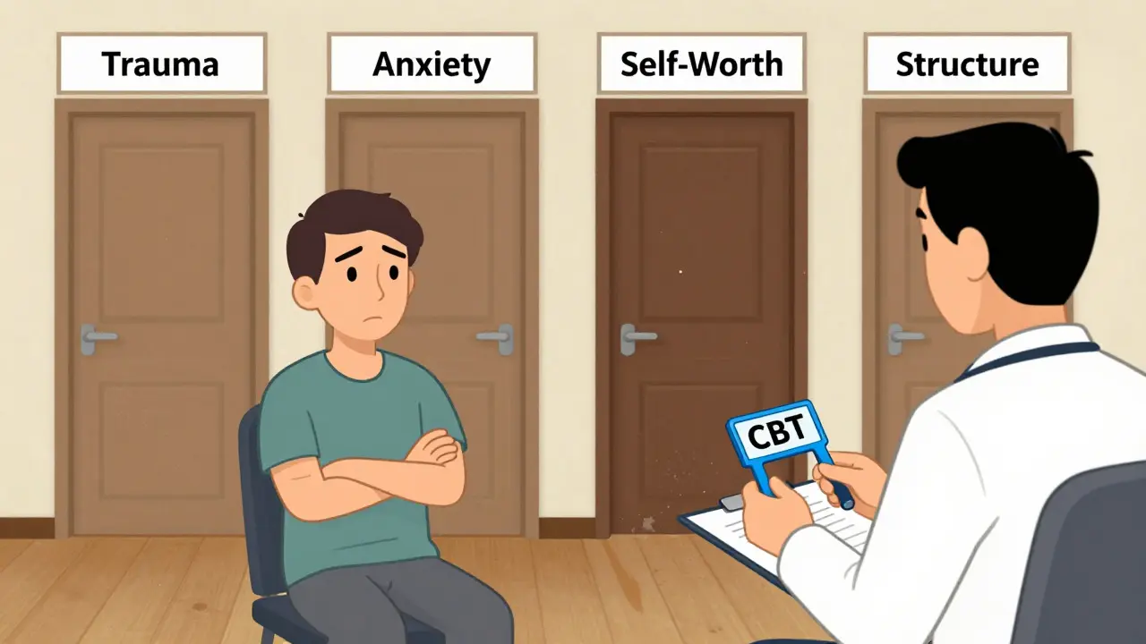 Terapeut drží jednu metodu, zatímco klient sedí nespokojený v terapeutickém kanceláři.