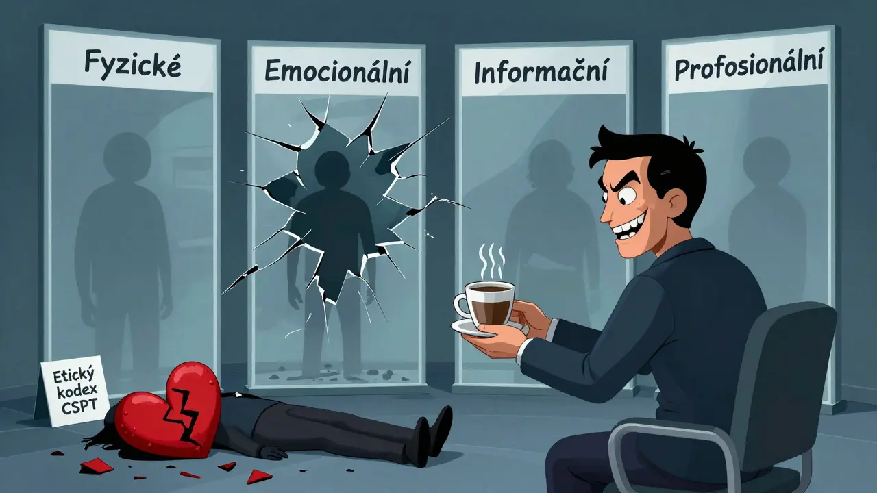 Terapeut podává kávu klientovi, zatímco etické hranice praskají, na zemi leží rozbité srdce.