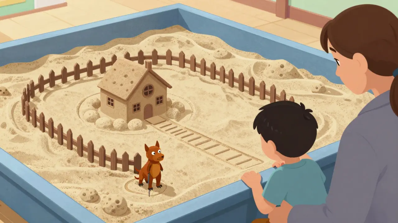 Dítě a terapeut u pískoviště s domkem obklopeným plotem a agresivním zvířetem jako symbol strachu.