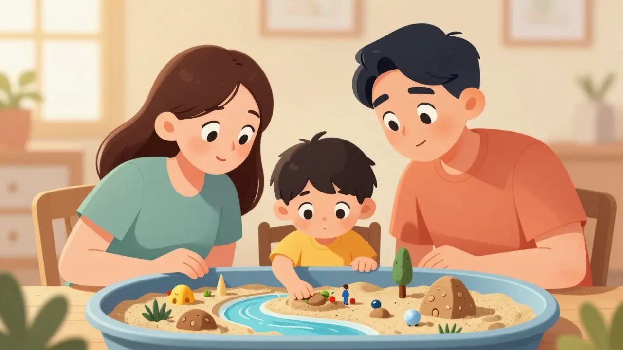 Dítě ukazuje rodičům svou tvorbu v pískovistě, což symbolizuje pochopení a vřelejší vztahy v rodině.