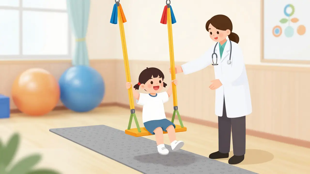 Dítě v terapeutické houpačce v barevné místnosti pro senzorickou integraci.