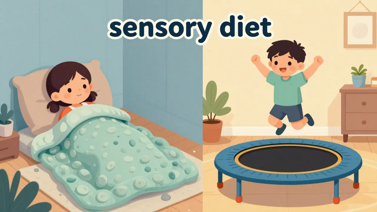 Dítě v těžké přikrývce a na trampolíně jako součást senzorické diety doma.