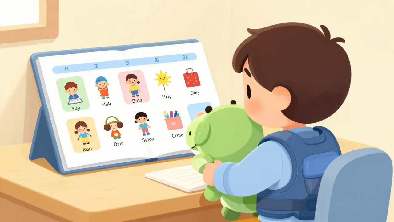 Dítě v zátěžové vestě s plyšákem u jednoduchého vizuálního rozvrhu.