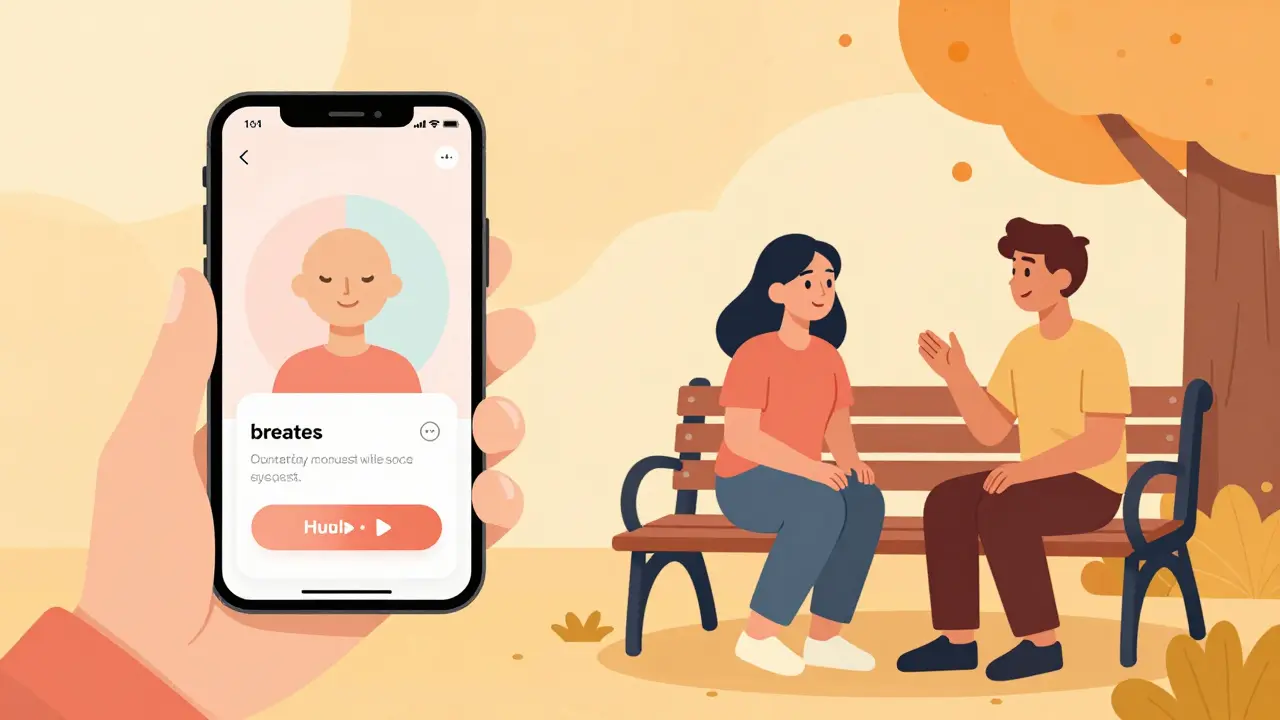 Ilustrace digitální aplikace pro dýchání a přátelské rozhovory na lavičce v parku.