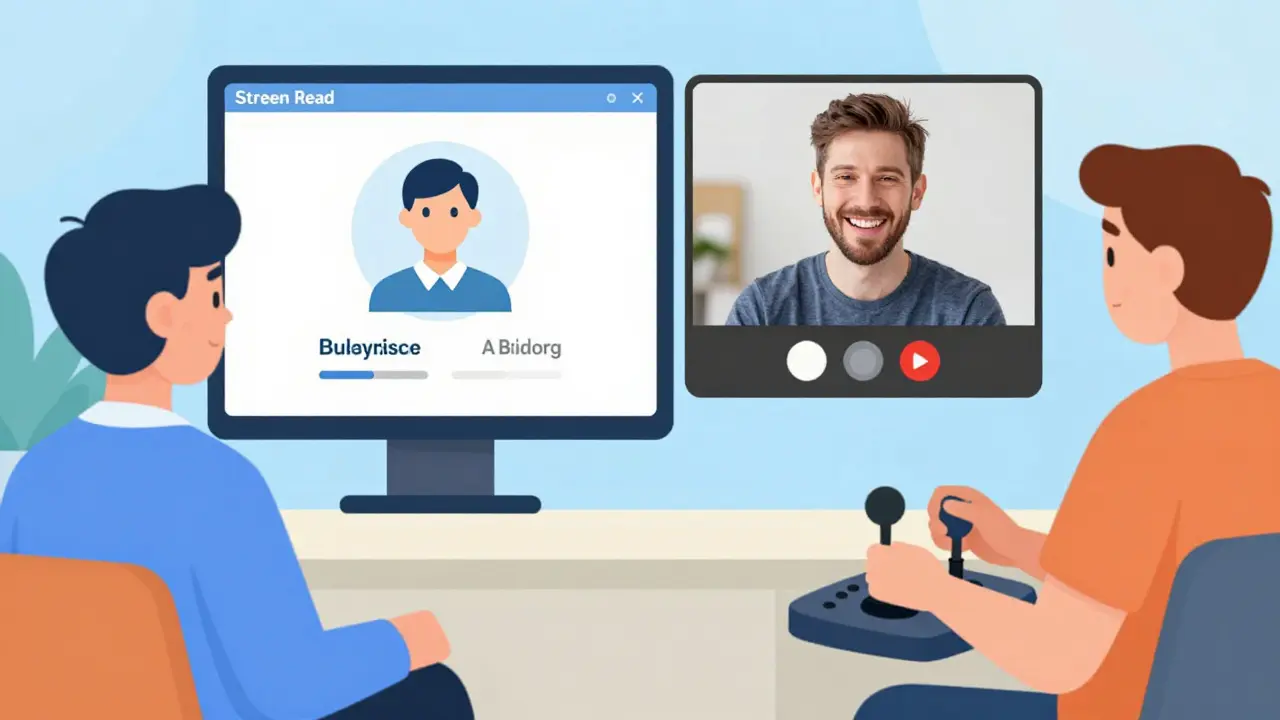 Ilustrace digitálních pomůcek jako titulky a čtečky obrazovky pro inkluzivní terapii.