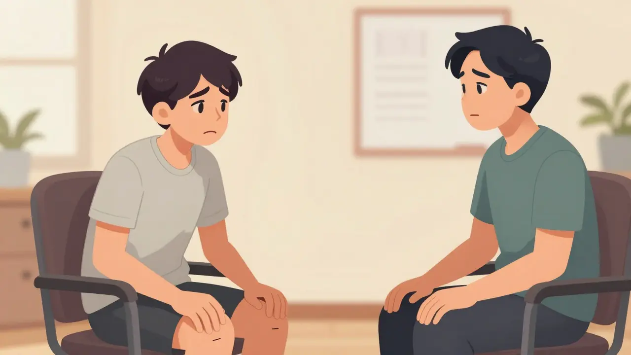 Ilustrace neverbální komunikace s důrazem na tělesné napětí klienta během sezení.