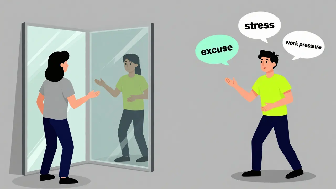 Ilustrace popření a racionalizace v podobě zkresleného zrcadla a bublin s výmluvami.