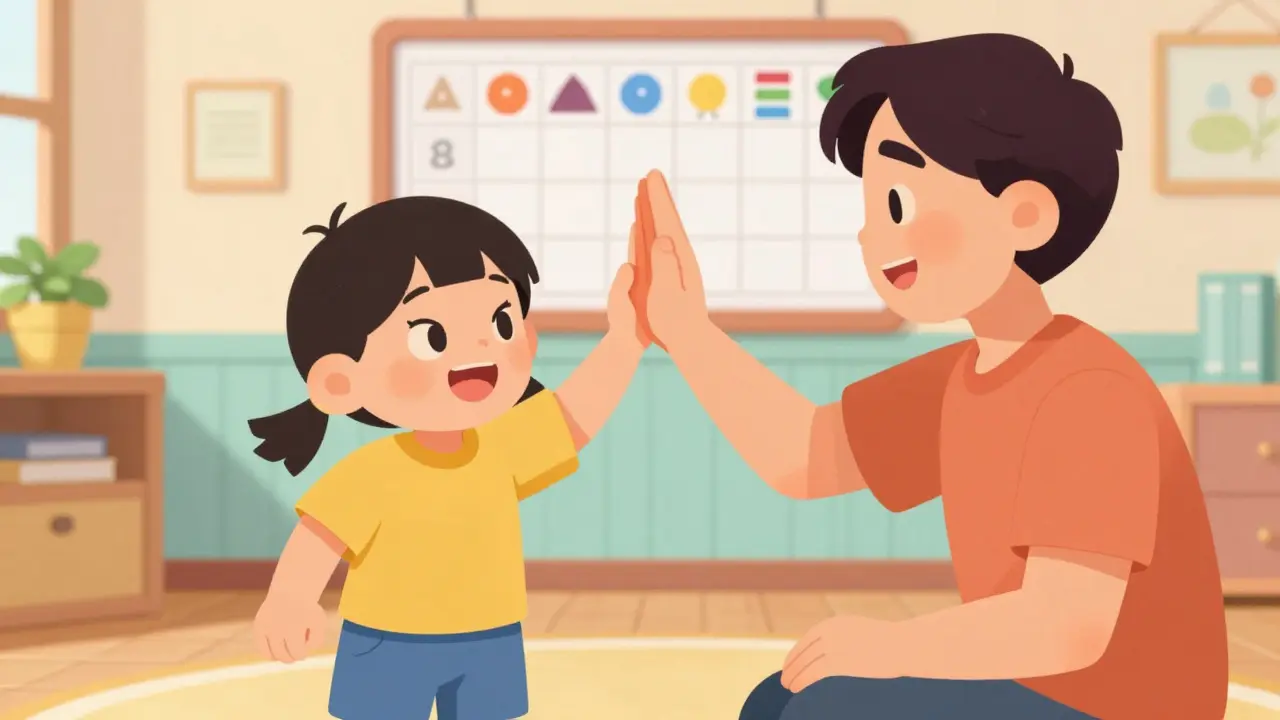 Ilustrace rodiče a dítěte s ADHD, kde rodič chvalí dítě za to, že dokázalo počkat na svou řadu.