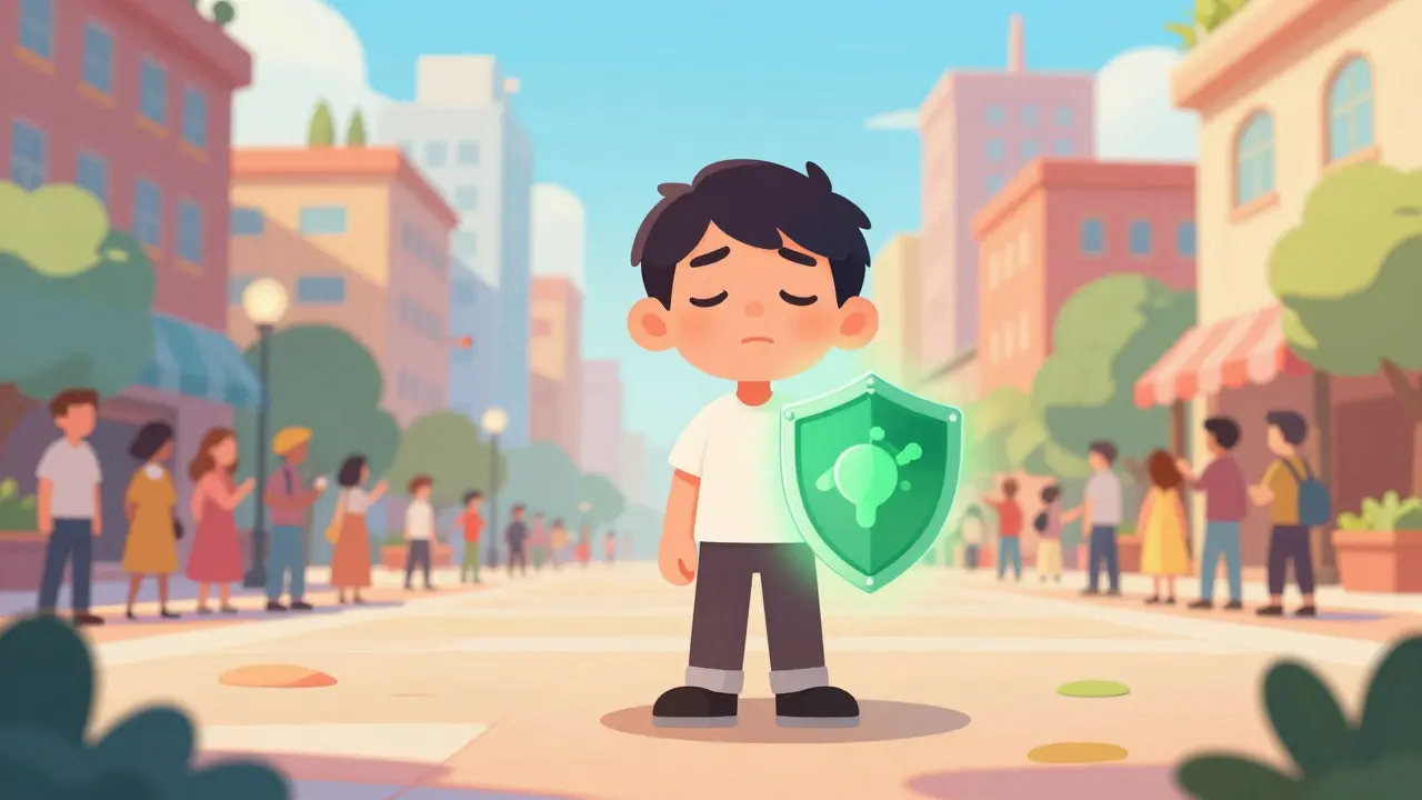 Ilustrace sebevědomého člověka v centru města, který překonal svůj strach z davů.