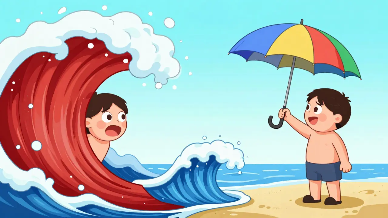 Ilustrace srovnávající chaos silných emocí s jejich klidnou regulací a zvládáním.