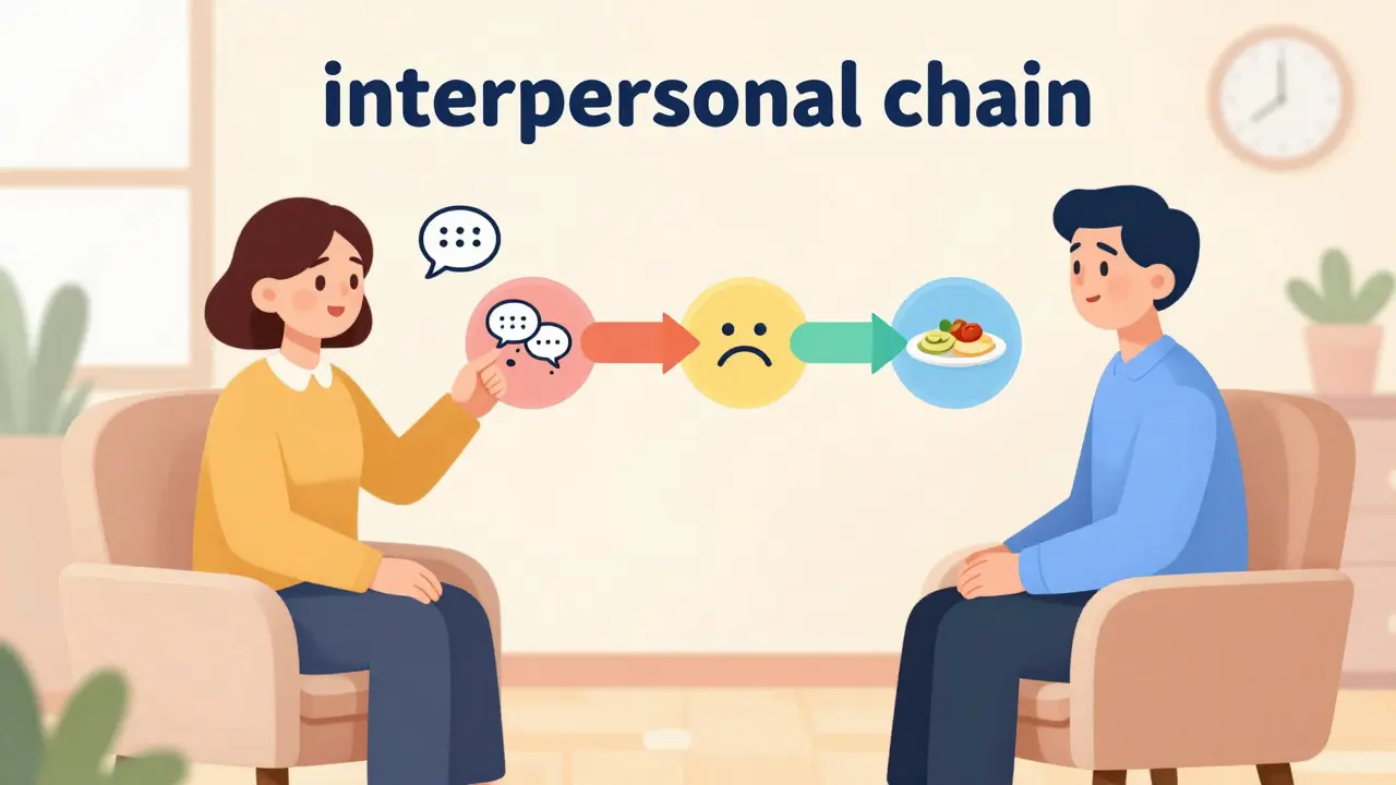 Ilustrace terapeutického sezení, kde terapeut vysvětluje řetězec od konfliktu k přejídání.