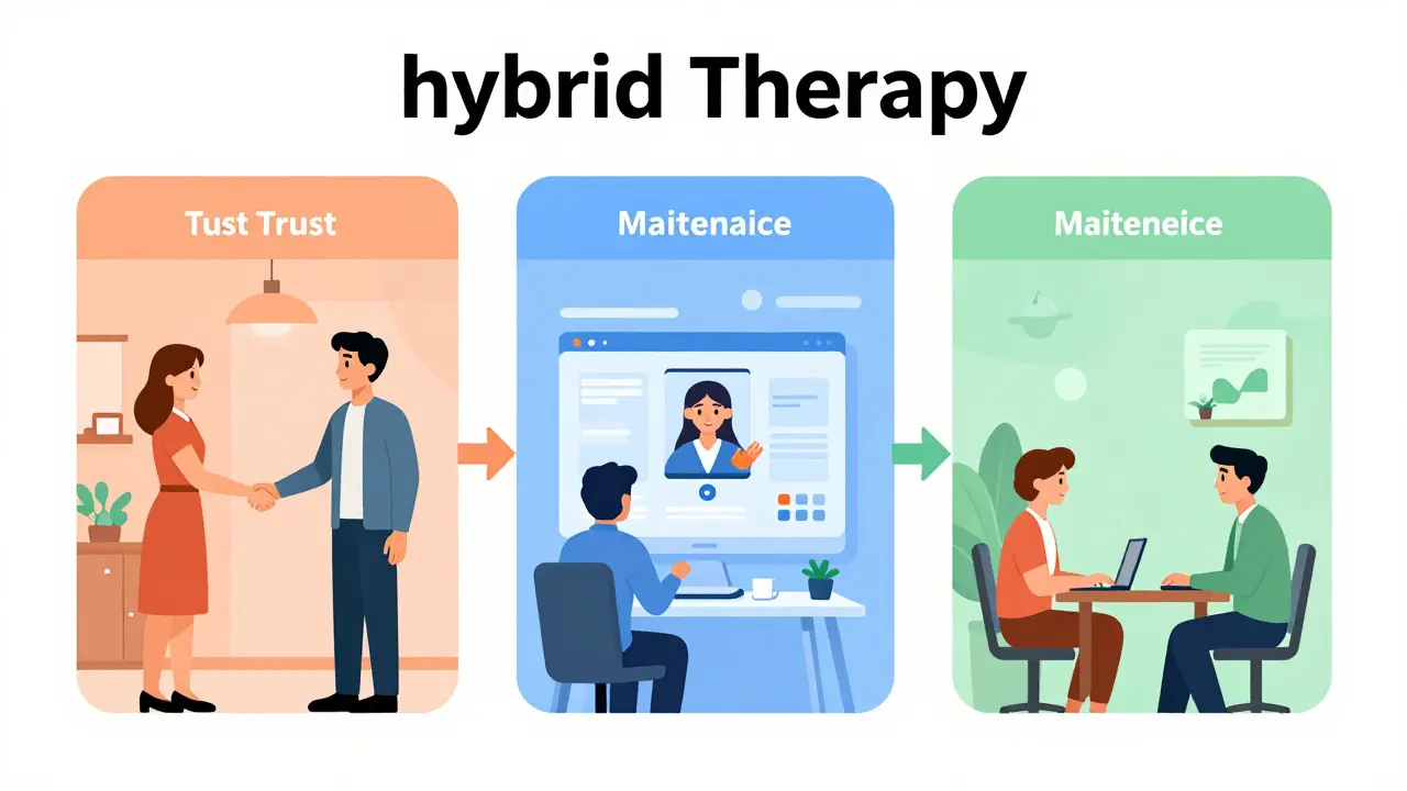 Koncept hybridního modelu terapie kombinující osobní návštěvy a online hovory.