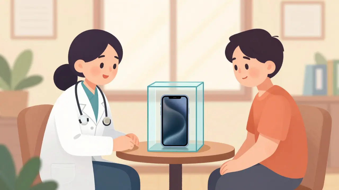 Konzultace s terapeutem, kde je telefon uložen do skleněné krabice jako symbol hranic.