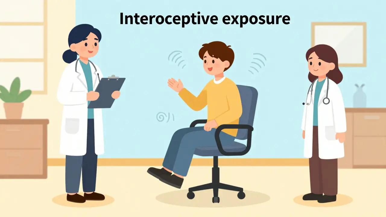 Kresba pacienta v terapii, který v židli simuluje závrať pod dohledem terapeuta.