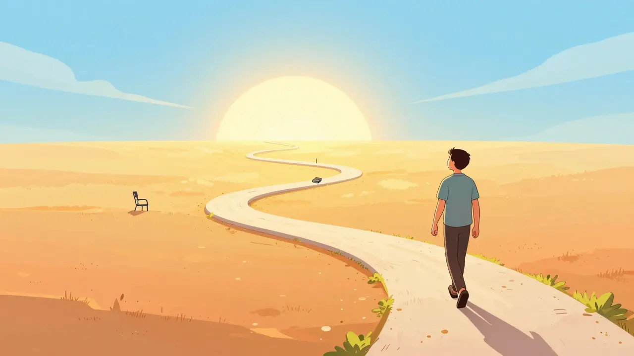 Kreslená cesta k uzdravení s klikatým průběhem a optimistickým výhledem do budoucna.