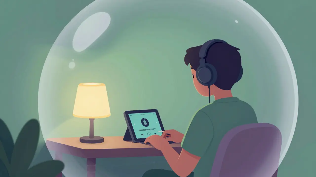 Kreslená ilustrace člověka se sluchatky v klidném, soukromém koutě při online terapii.