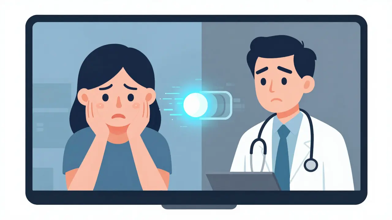 Kreslená ilustrace znázornující technické problémy a zamrzlý obraz během online terapie.