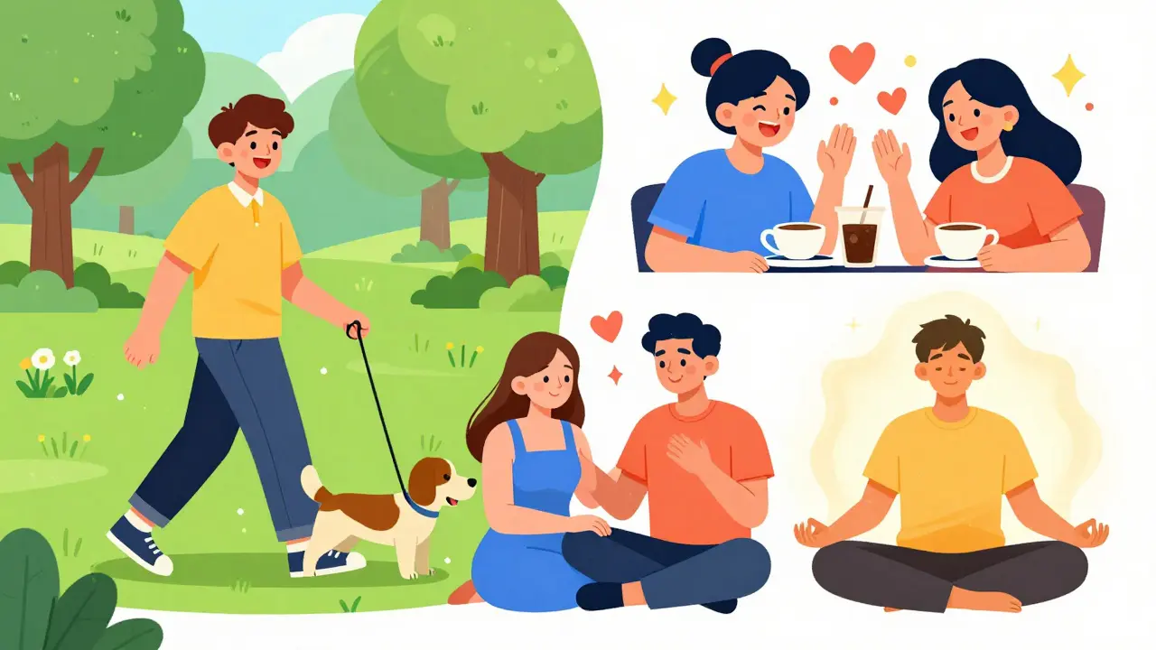 Kreslená koláž znázornující procházku v parku, společné pití kávy a meditaci.