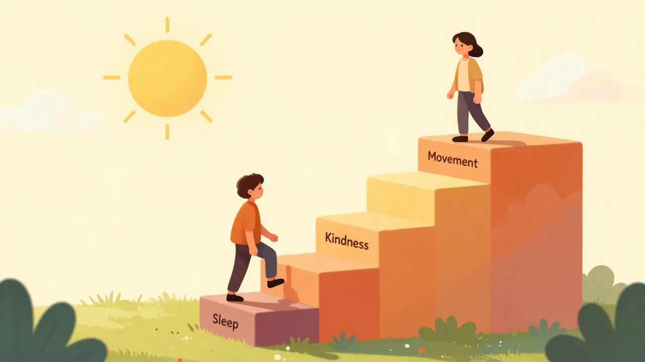 Kreslená postava stoupající po schodech z barevných bloků symbolizujících zdravé návyky.