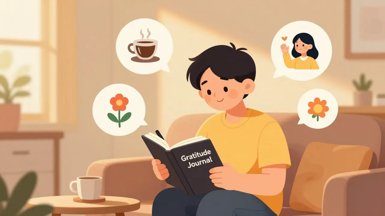 Kreslená scéna osoby píšící do deníku vděčnosti v útulném obývacím pokoji.