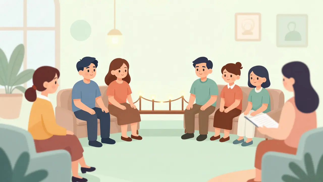 Kreslená scéna rodinné terapie s metaforickým mostem světla symbolizujícím otevřenou komunikaci.