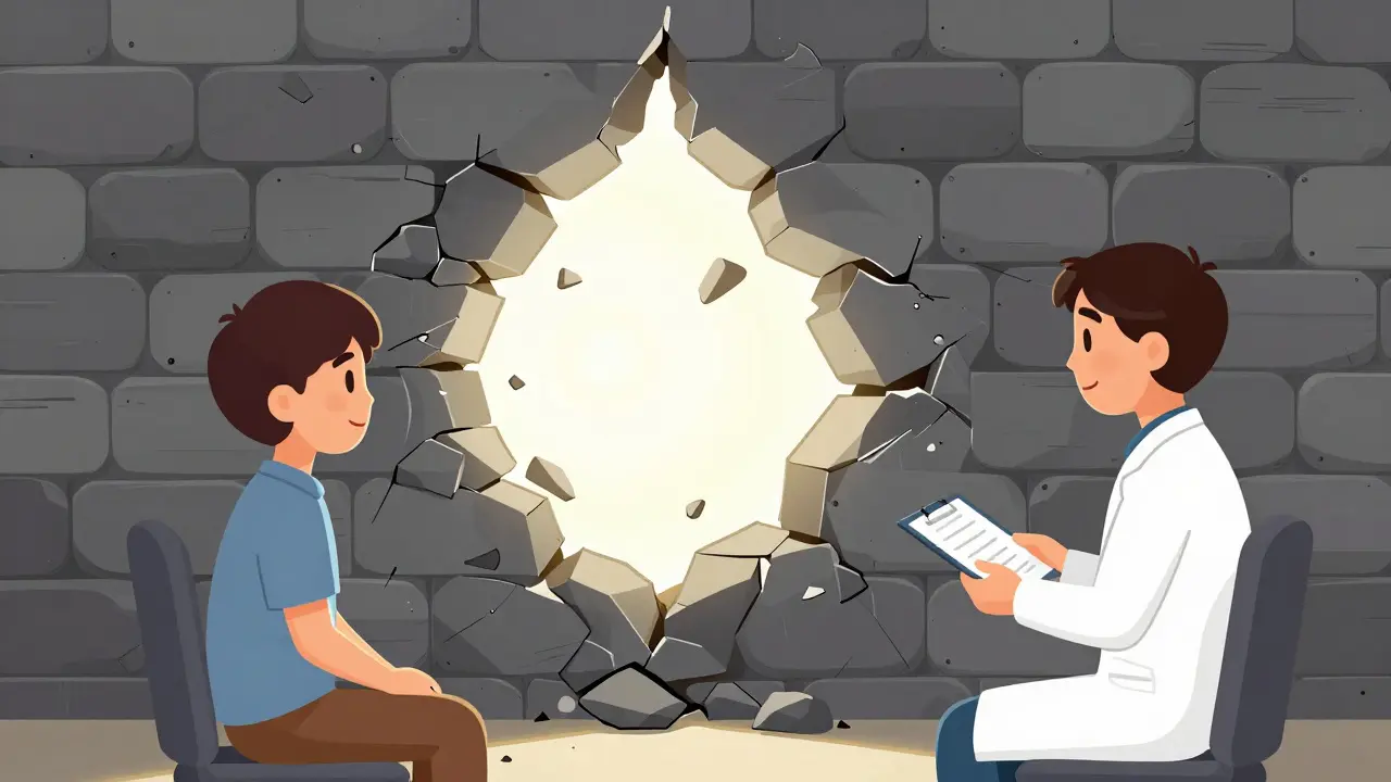 Kreslená scéna terapie, kde zeď popření praská a pouští dopr_ed světlo pravdy.