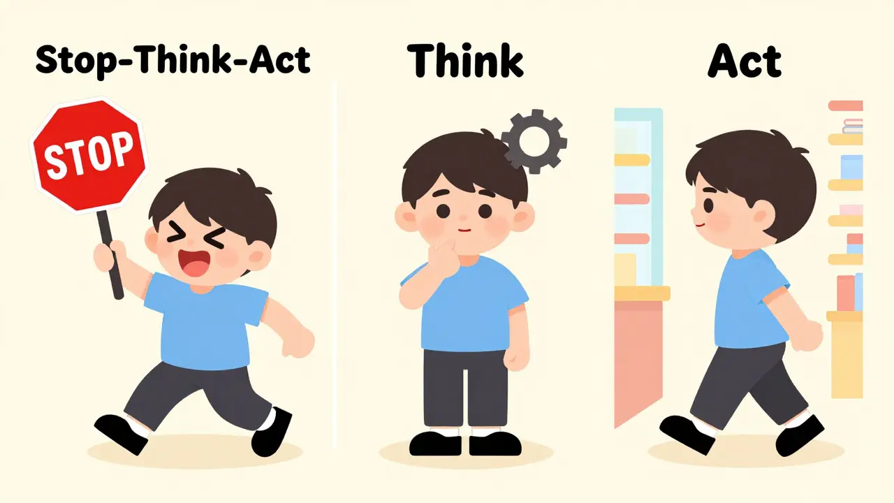 Kreslená sekvence znázornující metodu zastav se, přemysli a teprve poté jednej při nákupu.