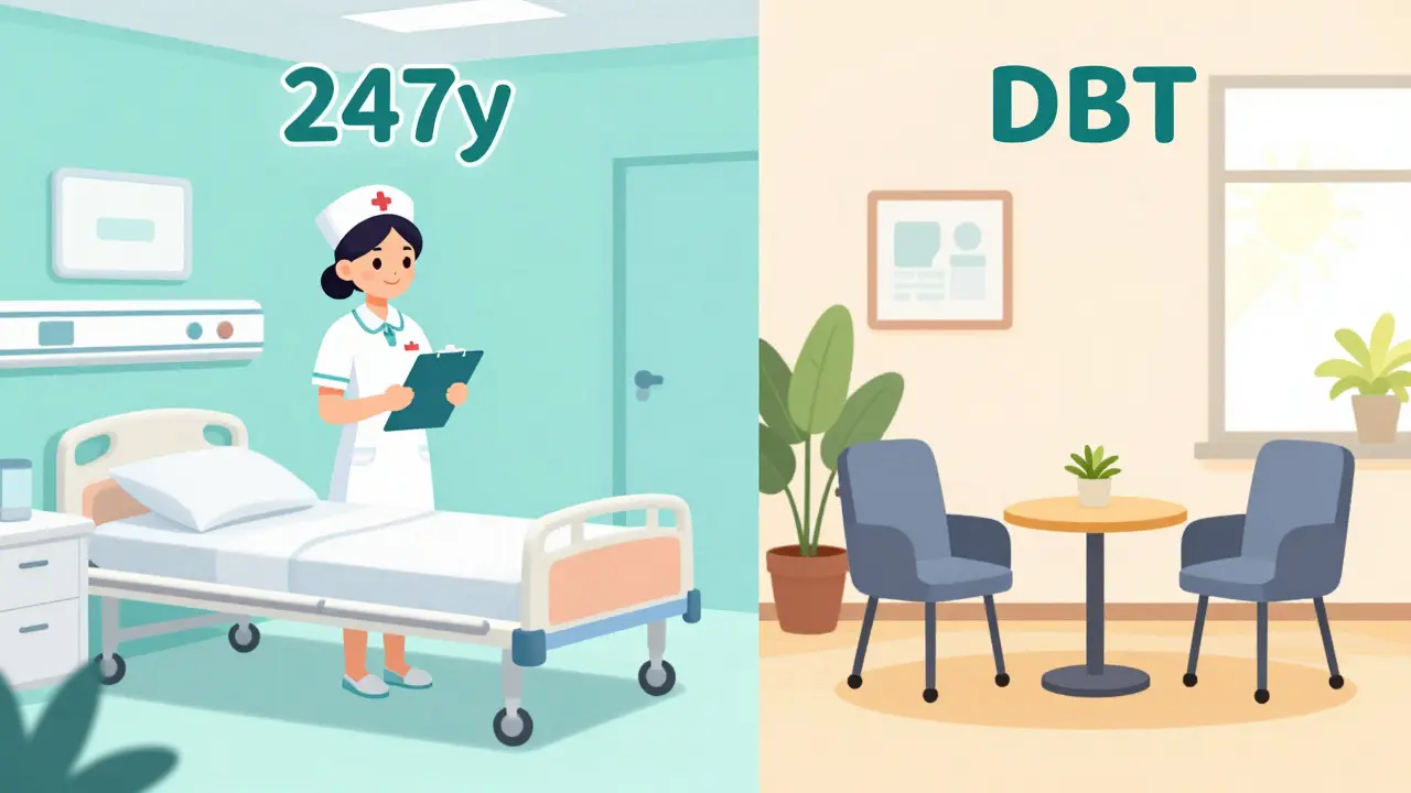 Kreslené srovnání sterilní nemocniční wardy pro stabilizaci a útulné kanceláře pro dlouhodobou terapii.